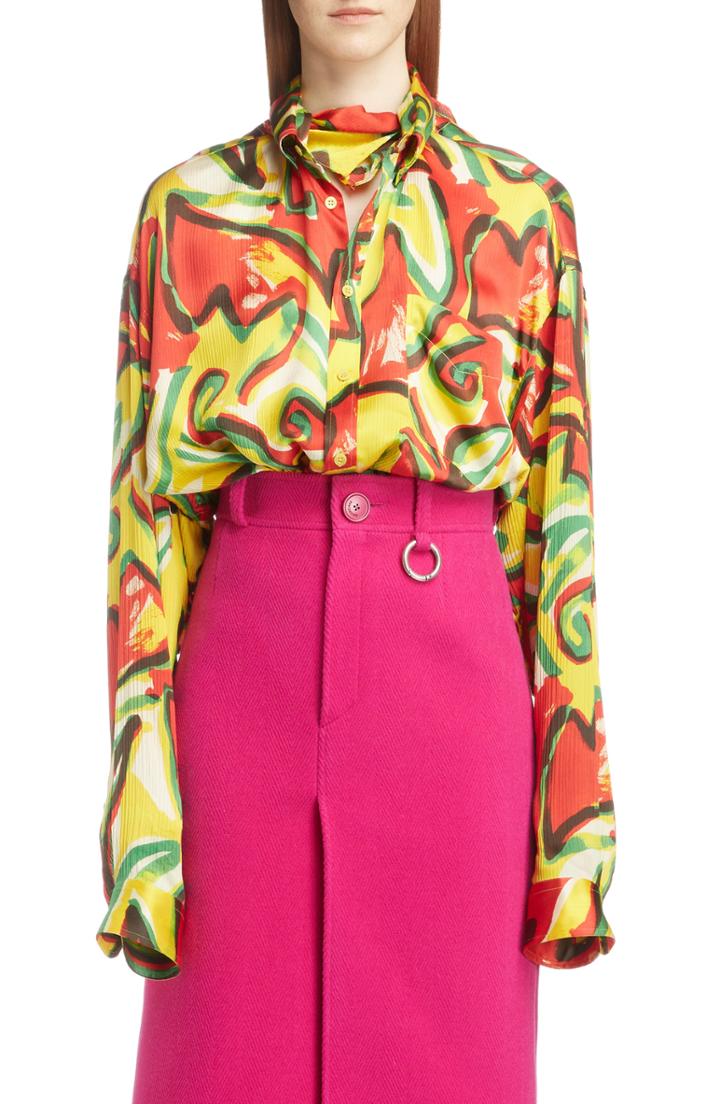 Women's Balenciaga Couture Floral Print Satin Crepon Shirt Us / 42 Fr - Yellow