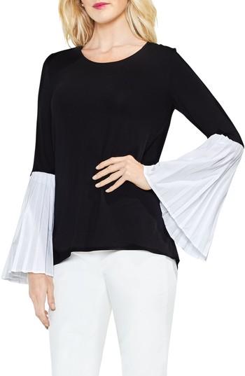 Women's Vince Camuto Pleated Bell Sleeve Mix Media Top, Size - Black