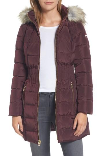 Women's Laundry By Shelli Segal Hooded Quilted Jacket With Faux Fur Trim - Purple