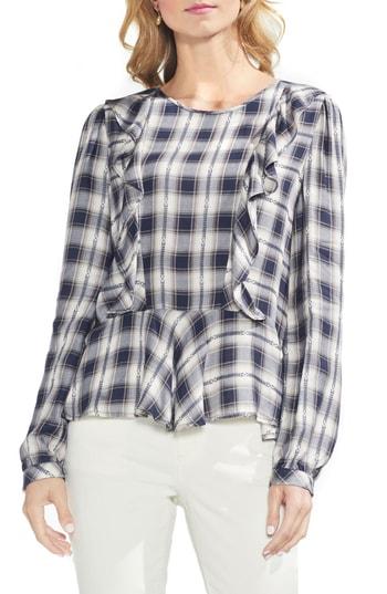 Women's Vince Camuto Plaid Jacquard Ruffle Top, Size - Blue