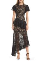 Women's Ml Monique Lhuillier Lace & Ruffle Asymmetric Hem Gown - Black