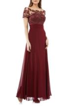 Women's Js Collections Embroidered Illusion Bodice Gown - Burgundy
