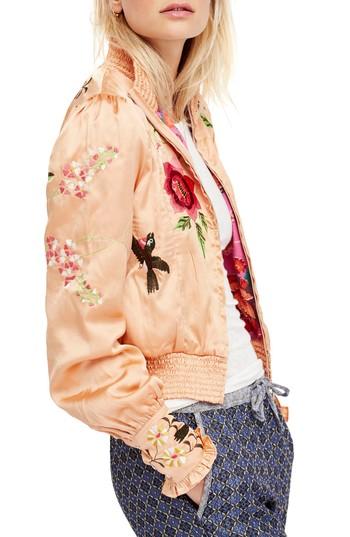 Women's Free People Just Peachy Silk Bomber Jacket - Coral