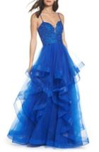 Women's La Femme Lace & Tiered Tulle Ballgown - Blue