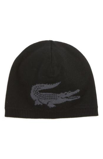 Men's Lacoste Big Crocodile Wool Beanie - Black