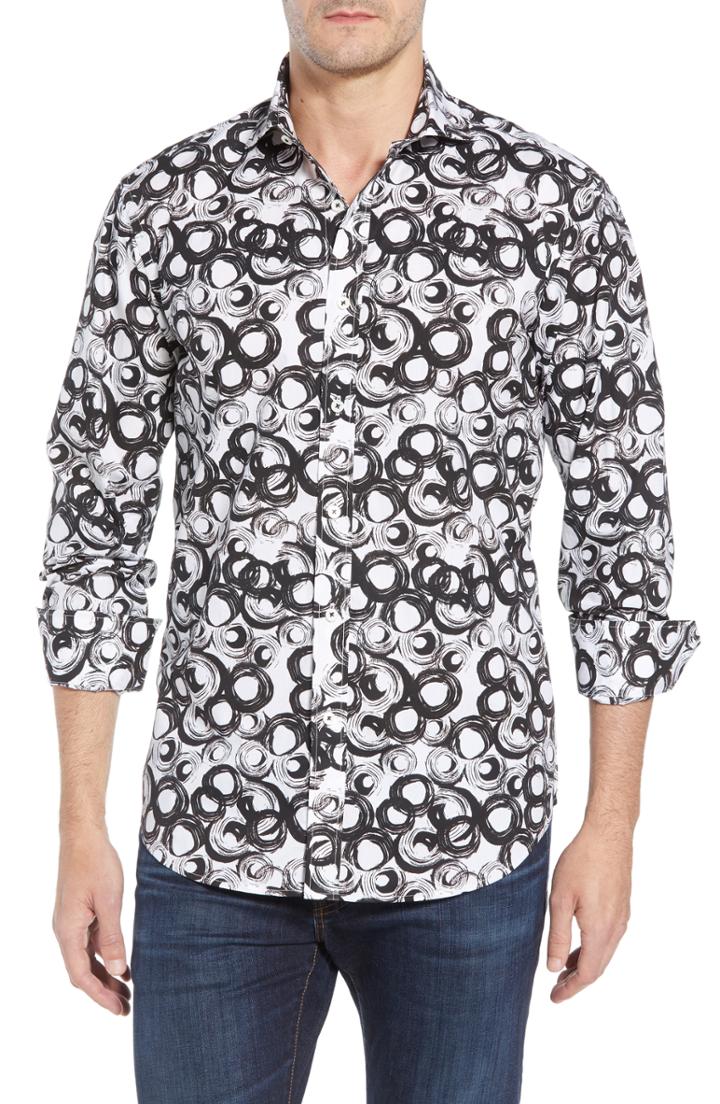 Men's Bugatchi Shaped Fit Swirl Print Sport Shirt - White