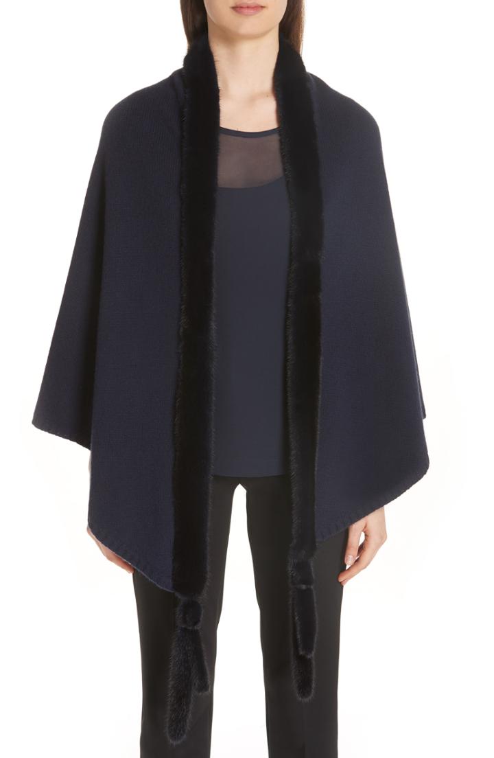 Women's Max Mara Cashmere & Genuine Mink Fur Wrap, Size - Blue