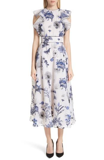 Women's Lela Rose Embroidered Silk Ruffle Midi Dress - Blue