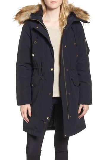 Women's Michael Michael Kors Water Resistant Snorkel Coat With Faux Fur Trim - Blue