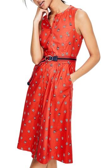 Women's Boden Collarless Stretch Cotton Printed Shirtdress - Red