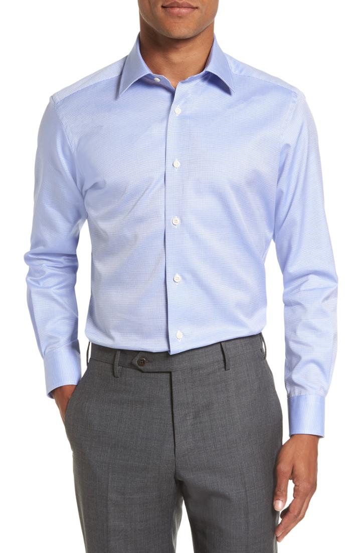 Men's David Donahue Trim Fit Microcheck Dress Shirt - 34/35 - Blue