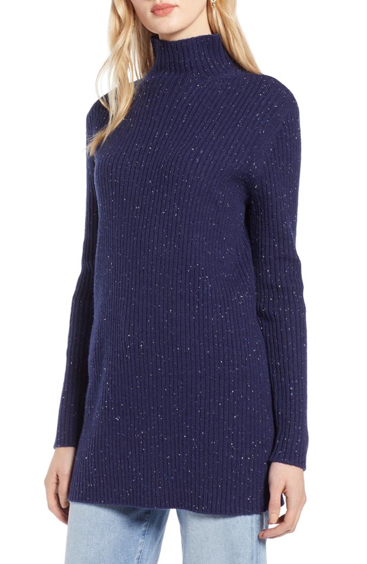 Women's Halogen Funnel Neck Ribbed Tunic - Blue