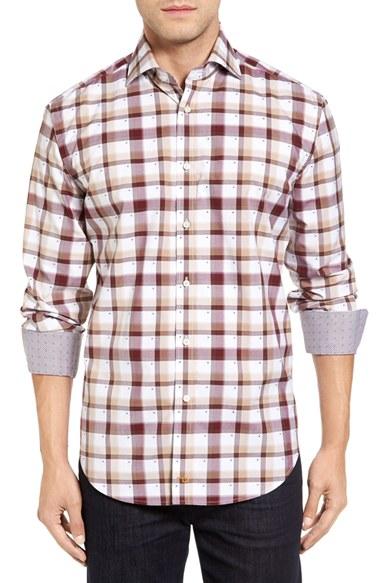 Men's Thomas Dean Classic Fit Dobby Plaid Sport Shirt