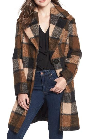 Women's Kensie Plaid Cocoon Coat - Brown