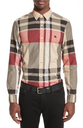 Men's Burberry Coatson Check Slim Fit Cotton & Linen Sport Shirt - Beige