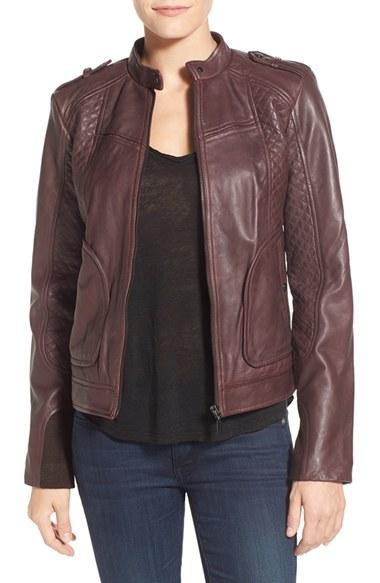 Women's Bernardo Quilted Leather Moto Jacket With Side Zips, Size Medium - Purple