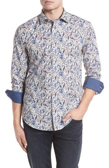 Men's Bugatchi Shaped Fit Floral Sport Shirt, Size - White