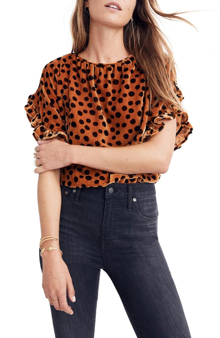 Women's Madewell Memento Ruffle Sleeve Velvet Top, Size - Brown