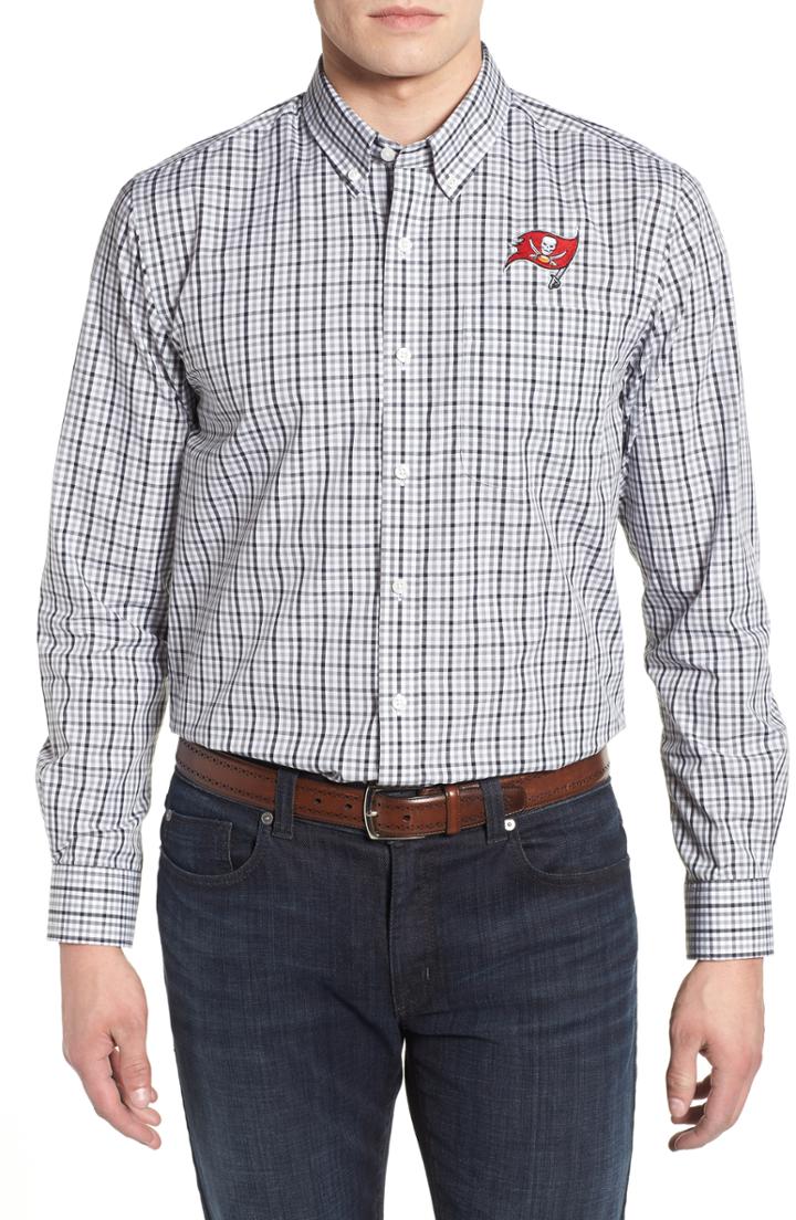 Men's Cutter & Buck Tampa Bay Buccaneers - Gilman Regular Fit Plaid Sport Shirt, Size - Black