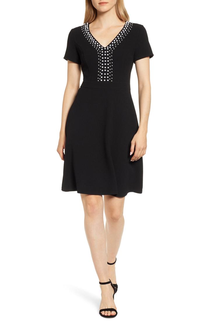Women's Karl Lagerfeld Paris V-neck Faux Pearl Detail Dress - Black