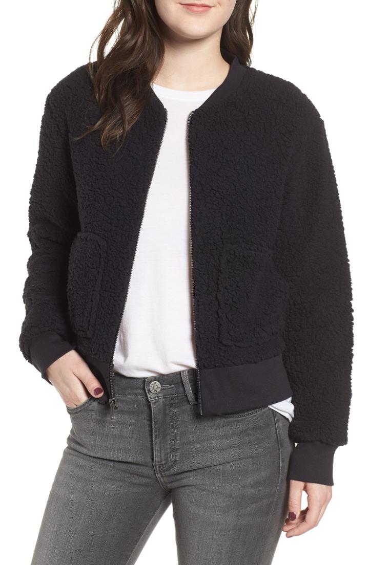 Women's Marc New York Teddy Fleece Bomber Jacket - Black