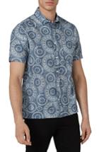 Men's Topman Trim Fit Circle Print Woven Shirt, Size - Blue