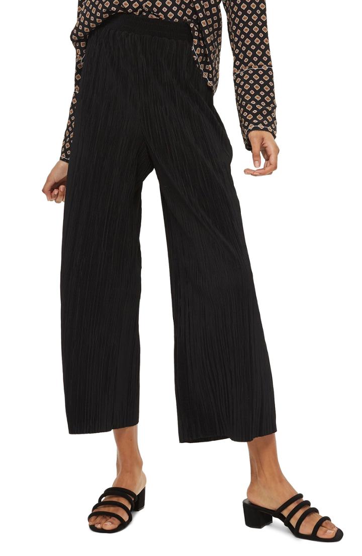 Women's Topshop Track Band Plisse Wide Leg Trousers Us (fits Like 2-4) - Black