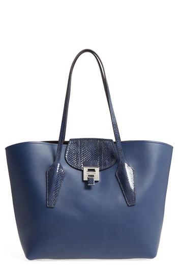 Michael Kors Large Bancroft Leather Tote With Genuine Snakeskin Trim - Blue
