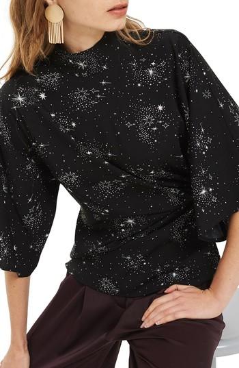 Women's Topshop Star Print Origami Tuck Blouse Us (fits Like 0-2) - Black