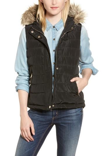 Women's Dorothy Perkins Faux Fur Trim Hooded Quilted Vest Us / 8 Uk - Black