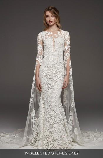 Women's Altelier Pronovias Himalaya Lace Drape Sleeve Gown, Size In Store Only - Ivory