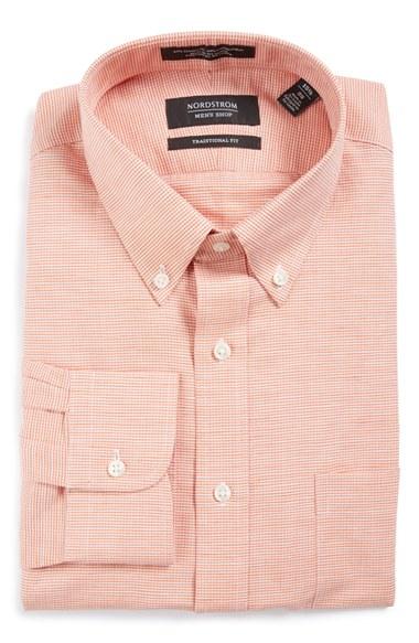 Men's Nordstrom Men's Shop Traditional Fit Houndstooth Linen & Cotton Dress Shirt 32 - Orange
