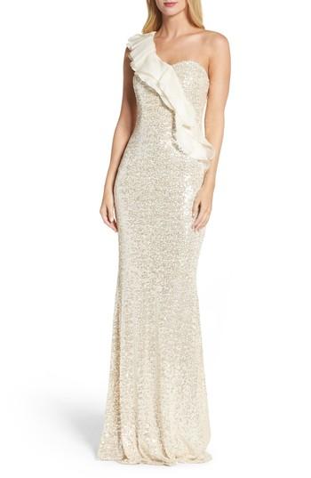 Women's Badgley Mischka Ruffle Sequin One-shoulder Gown - Beige