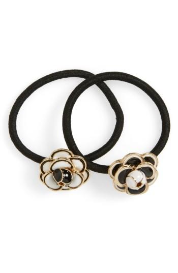 Cara Set Of 2 Enameled Flower Ponytail Holders, Size - Ivory