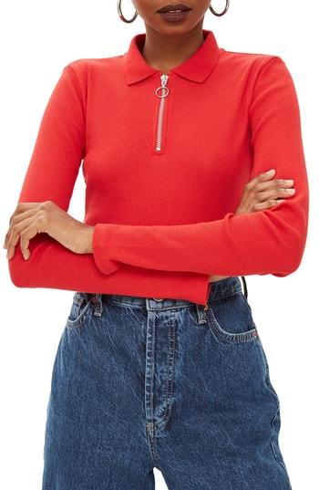 Women's Topshop Front Zip Polo Shirt Us (fits Like 6-8) - Burgundy