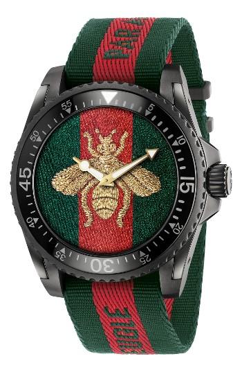 Men's Gucci Bee Nylon Strap Watch, 47mm