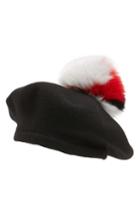 Women's Helene Berman Wool Beret With Genuine Fox Fur Pom - Black