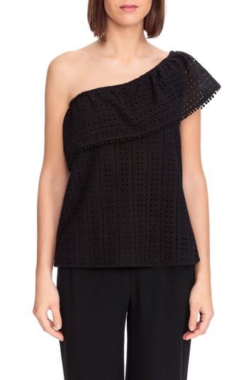 Women's Sezane Adelie Ruffle One-shoulder Eyelet Blouse Us / 34 Fr - Black