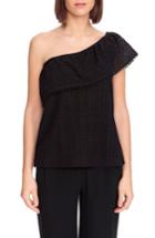 Women's Sezane Adelie Ruffle One-shoulder Eyelet Blouse Us / 34 Fr - Black