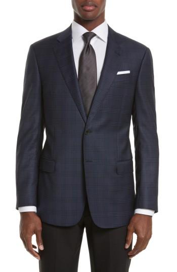 Men's Armani Collezioni Trim Fit Plaid Wool Sport Coat R Eu - Blue