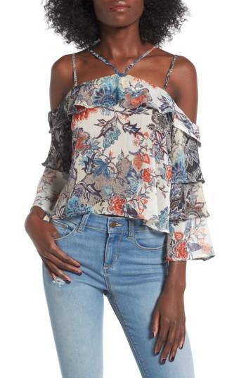 Women's Love, Fire Ruffle Cold Shoulder Blouse - Blue