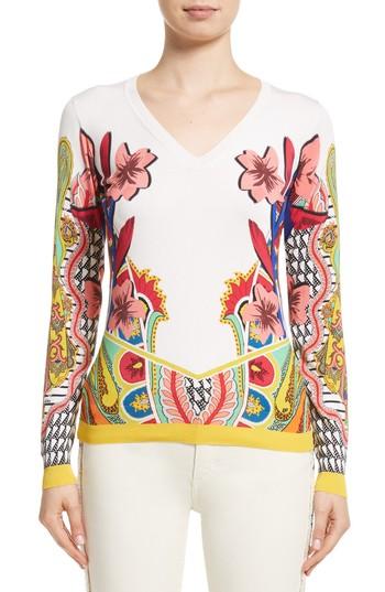 Women's Etro Floral Stretch Silk Sweater Us / 40 It - White
