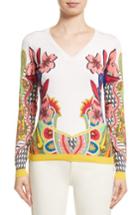 Women's Etro Floral Stretch Silk Sweater Us / 40 It - White