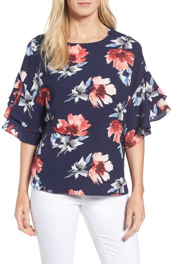 Women's Halogen Ruffle Sleeve Print Top - Blue