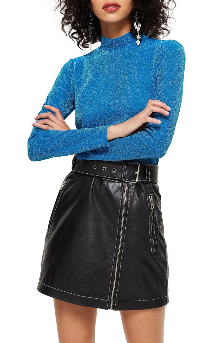 Women's Topshop Metallic Funnel Neck Top Us (fits Like 0-2) - Blue