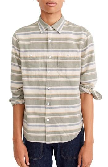 Men's J.crew Classic Fit Deck Stripe Work Shirt, Size - Green