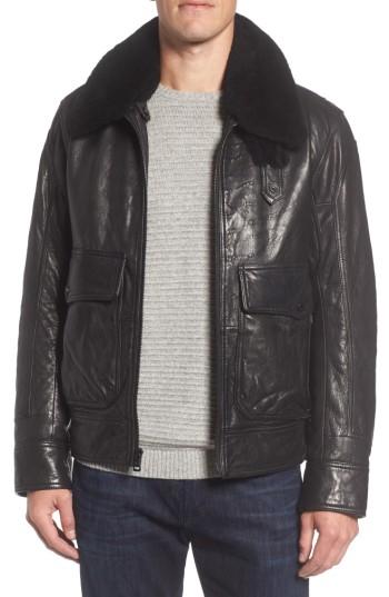 Men's Marc New York 3614 Leather Jacket With Genuine Lamb Shearling Collar - Black