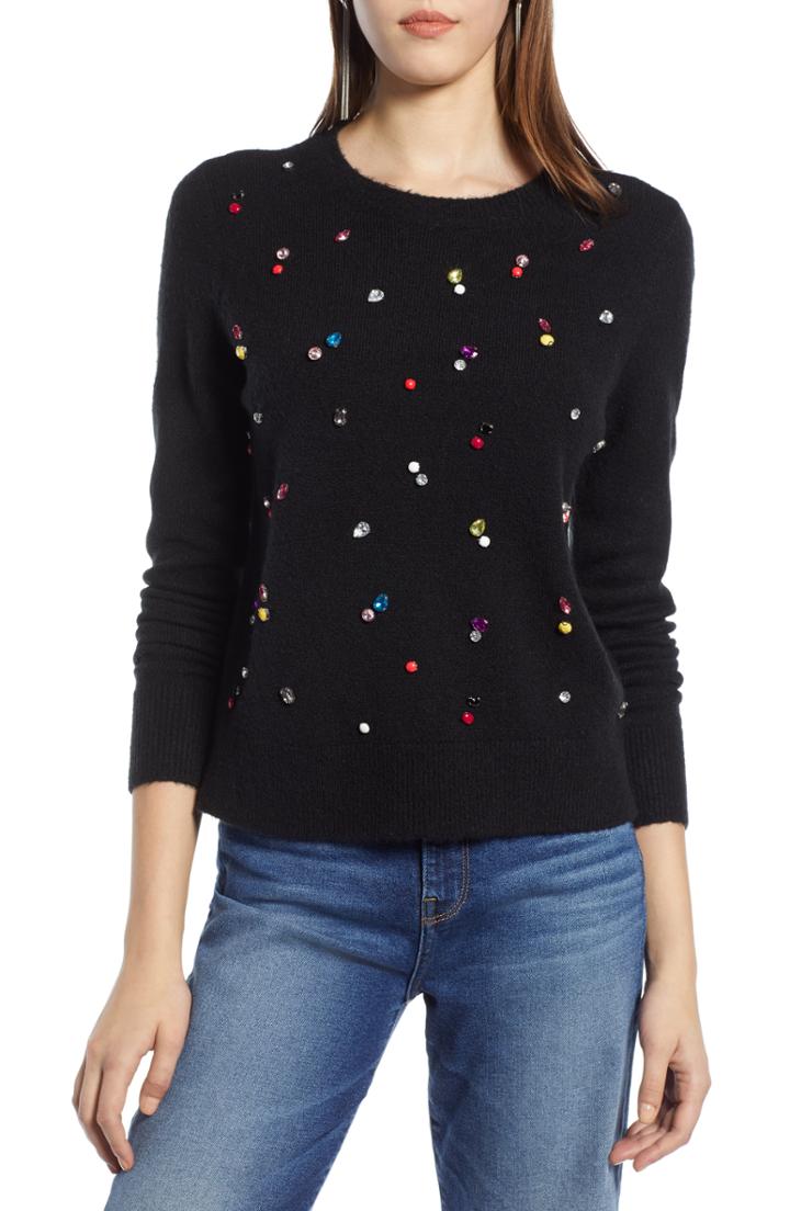 Women's Halogen Embellished Sweater - Black