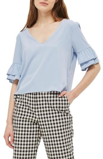 Women's Topshop Tie Back Ruffle Sleeve Top Us (fits Like 0) - Blue