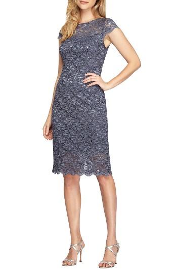 Petite Women's Alex Evenings Lace Sheath Dress P - Blue
